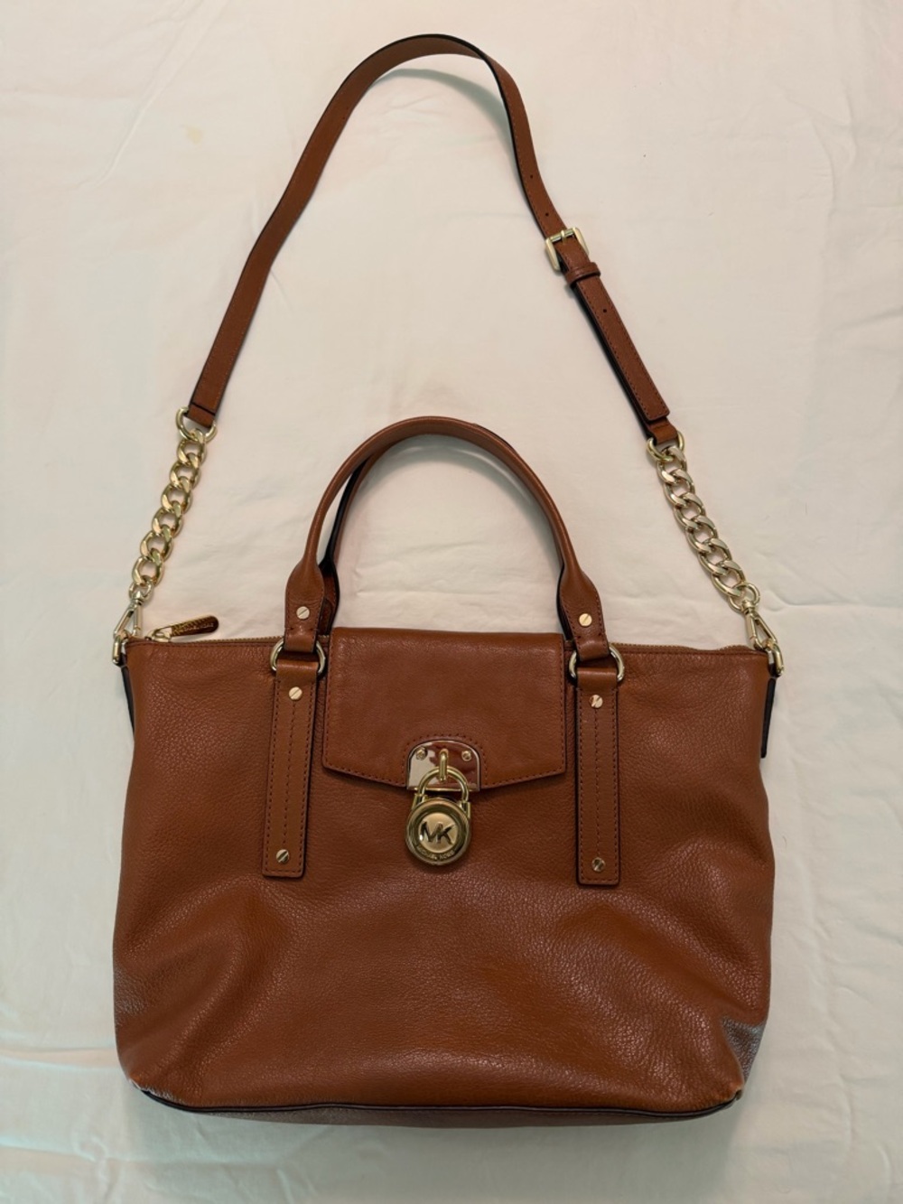 Michael Kors Large Pebbled Cognac Leather Hamilton Satchel with Gold Hardware